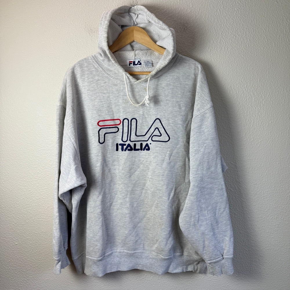 Vintage Y2K Fila Hoodie Mens XXL Grey Good Italia Embroidered Logo Sweatshirt